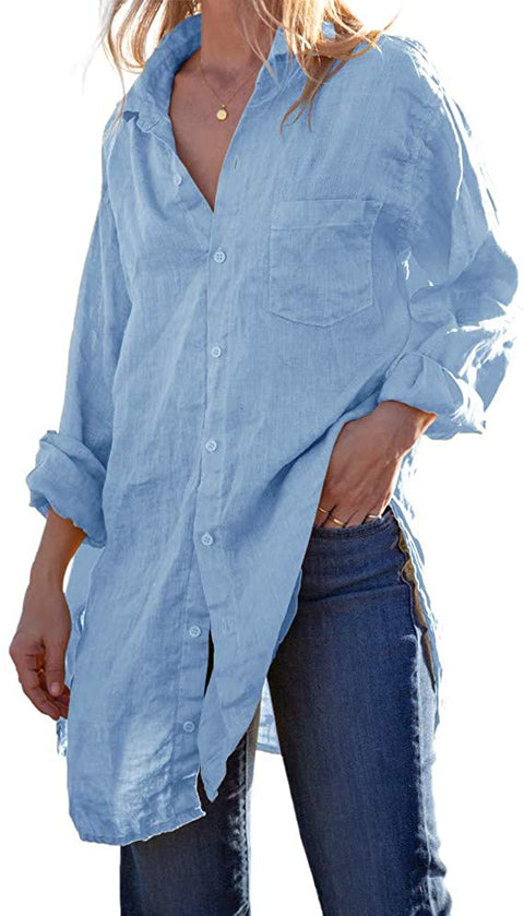 Karlywindow Womens Button Down Tunic Shirts Cotton Linen Long Sleeve Work Blouse Loose Casual Beach Cover Up Shirt
