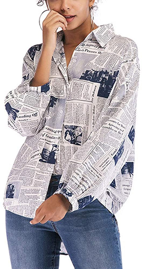 Women's Loose Fashion Letter Printed Newspaper Blouses Button Down Shirts
