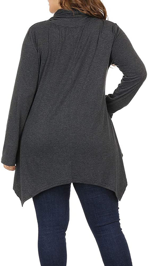 Women Plus Size Long Sleeve Turtleneck Long Tunic Top Flowy Irregular Hem Shirts