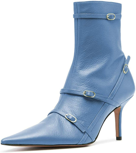 FSJ Women Pointed Toe Ankle Boots with Cross Buckle Straps Decoration Fashion Elegant Mid Low Heel Booties Ankle Wrap Zip Up Evening Party Dress Shoes Size 4-15 US