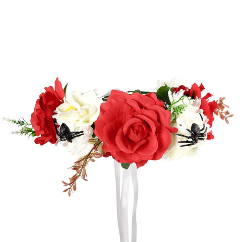 AWAYTR Halloween Spider Rose Flower Headband Leave Flower Adjustable Ribbon Headband Wedding Festival Headdress for Girls (White+red+Fake Spider)