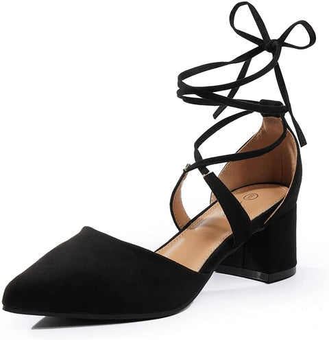Heel The World Women's Pointed Toe Dress Pumps Lace Up Low Block Heels