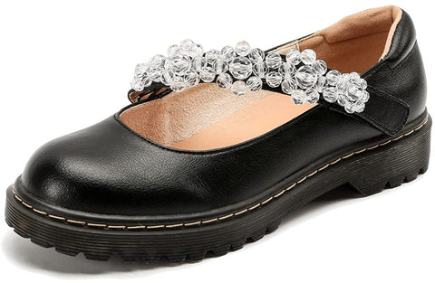 KANGFEINI Women's Mary Jane Shoes Gothic Faux Crystal Flower Patent Leather Gift Low Heel School Dress Party Loafers