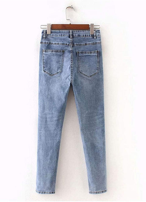 Women's Fashion Knee Cut Denim Pants Casual Ripped Holes Straight Leg Long Jeans