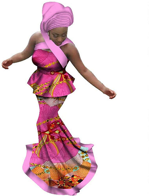 African Dresses for Women Camisole 3 Pieces Tops & Skirts & Headwrap Sets Ankara Wedding Dress Clothes Maxi Long Outfits