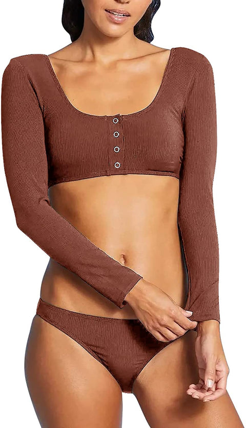 GAMISOTE Women Two Piece Swimsuits Long Sleeve Button Up Crop Top Bikini Bottoms Swimwear