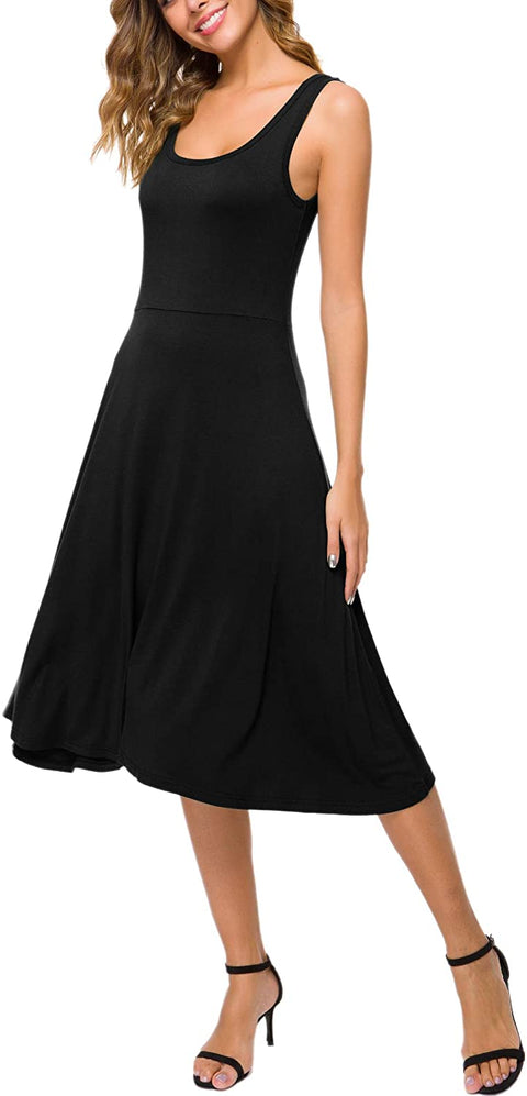 Women's U-Neck Sleeveless Flared Midi Dress Summer Swing T-Shirt Dresses