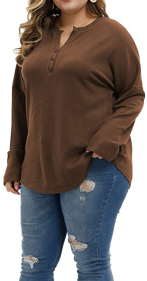 Women Plus Size Tops Lightweight Fall Long Sleeve Knit Sweatshirts Warm Cozy Casual Henley Shirts