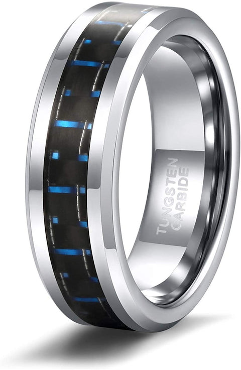 TRUMIUM 6mm 8mm Black Blue Tungsten Ring Carbon Fiber Inlay Wedding Band for Men Women Size 4-15