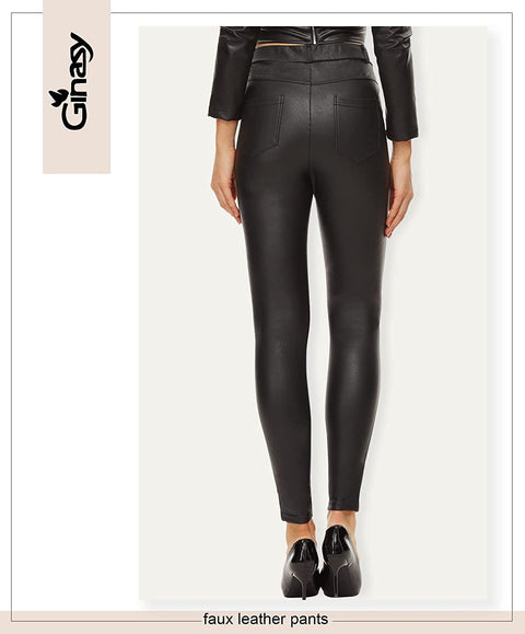 Ginasy Faux Leather Pants for Women High Waisted Stretch Pleather Leggings with Pockets