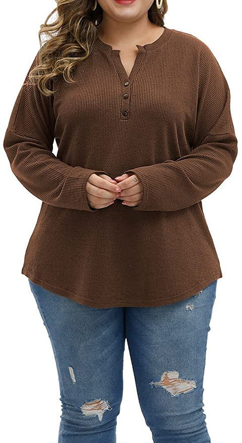 Women Plus Size Tops Lightweight Fall Long Sleeve Knit Sweatshirts Warm Cozy Casual Henley Shirts