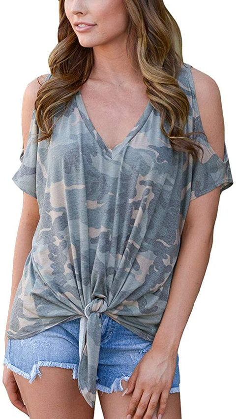 Women's Fashion Short Sleeve Cold Shoulder Blouses Front Knotted Pullover V Neck Shirts
