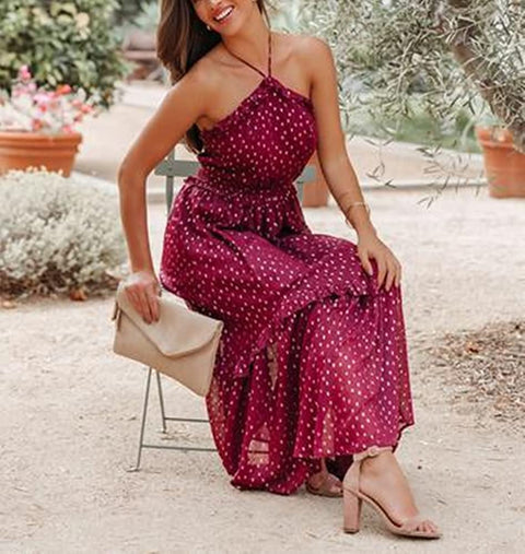 Womens Sexy Sleeveless Halter Neck Backless Floral Polka Dots Print Ruffle Tiered Boho Chiffon Flowy Long Maxi Dress