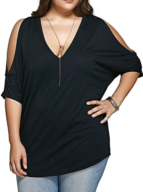 Women Plus Size Tops V Neck Short Sleeve Batwing Top Cold Shoulder T Shirt