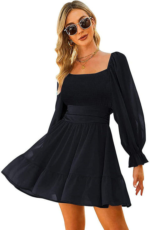 Women Elastic Smocked Bust Tie Back Long Puff Sleeve Square Neck Ruffle Dress A-line Casual Mini Dress