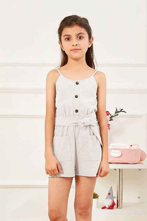 GAMISOTE Girls Romper Strappy Sleeveless Button Tie Front Jumpsuit With Pockets