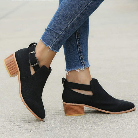QZHIHE Womens Ankle Boots Cutout Side Strap Block Chunky Heel Work Boots