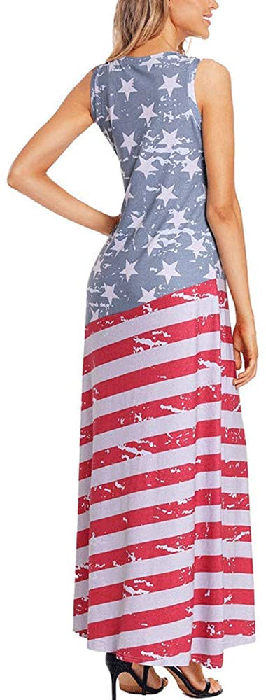 Women's American Flag Printed Round Neck Sleeveless Dress Long Casual Skirt