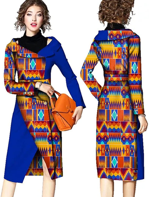 African Dashiki Print Dresses for Women Turn-Down Collar Mix Match Mid Calf Full Sleeve Party Dress