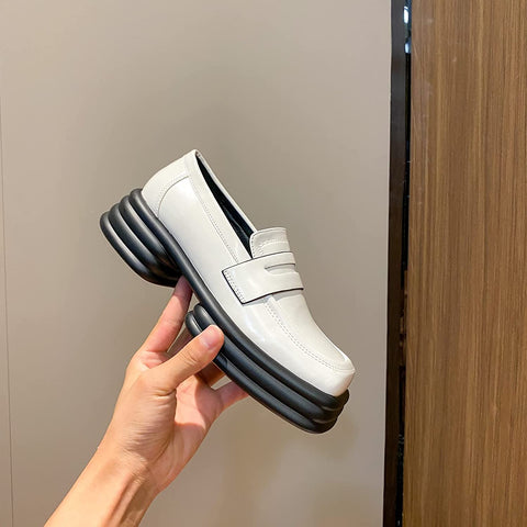 KANGFEINI Women's Smooth Leather Casual Le Fu Shoes Japanese Students Ladies Thick Bottom Le Fu Shoes Patent Leather Penny