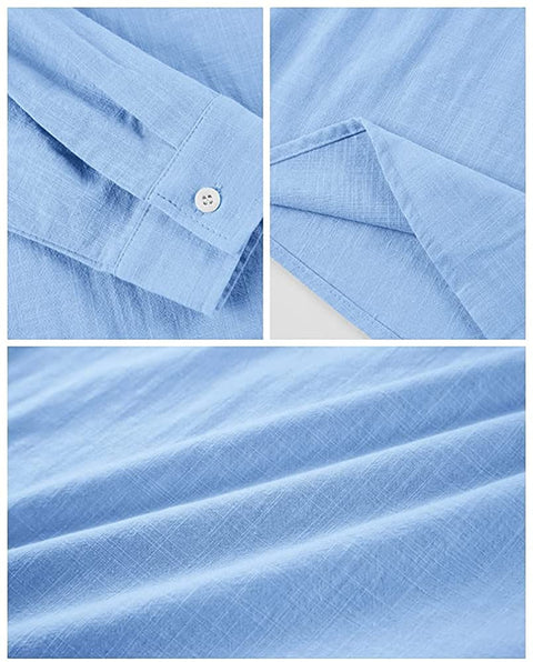 Men's Long Sleeve Henley Shirt Cotton Linen Casual Hippie Tee Lightweight Summer Solid Beach Yoga Tops Blue
