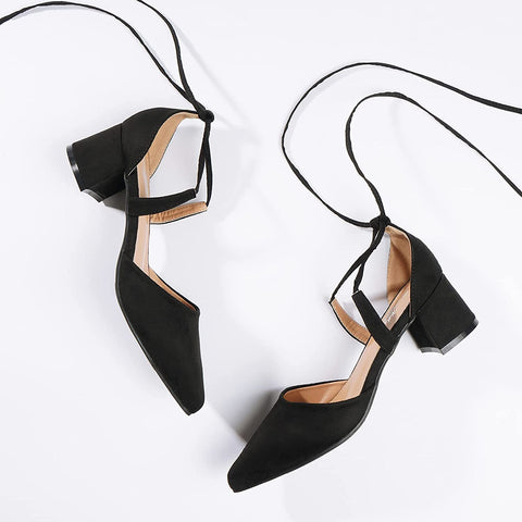 Heel The World Women's Pointed Toe Dress Pumps Lace Up Low Block Heels
