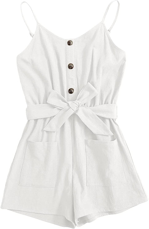 GAMISOTE Girls Romper Strappy Sleeveless Button Tie Front Jumpsuit With Pockets