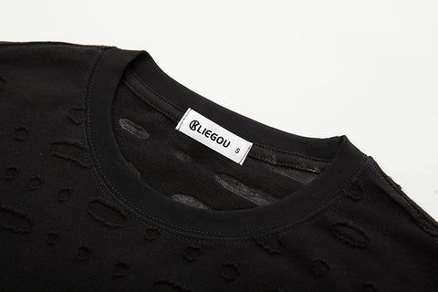 KLIEGOU Mens Hipster Hip Hop Ripped Round Hemline Hole T Shirt (05-3)