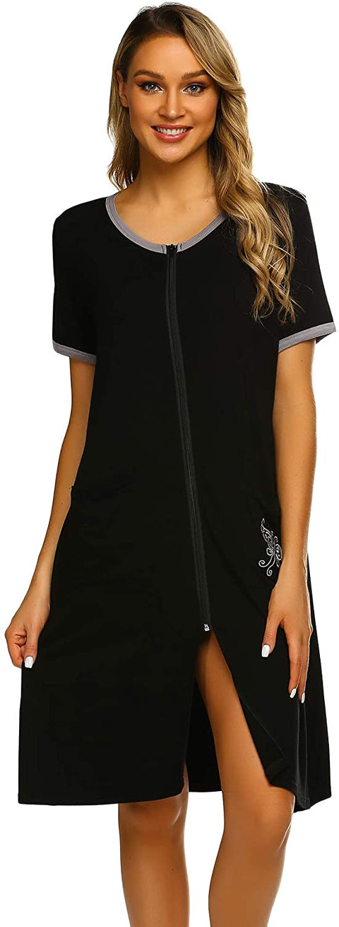 Women Zip-up Bathrobes Short Nightgown