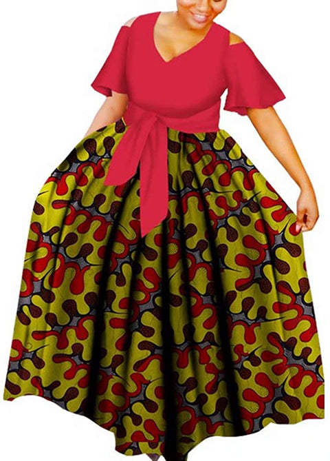 XIAOHUAGUA Women's Elegant Short Sleeve Maxi Dress African Dashiki Casual Tie Waist Daily Dresses