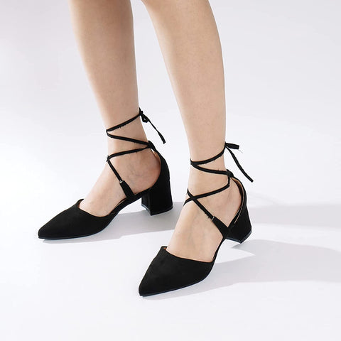 Heel The World Women's Pointed Toe Dress Pumps Lace Up Low Block Heels