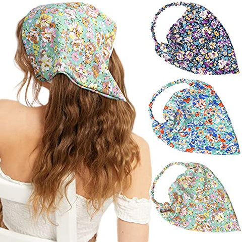 Floral Elastic Hair Scarf Headband - 3 PCS Chiffon Head Kerchief Headband Print Floral Hair Scarves with Hair Clips Kerchief Head Scarf Hair Bandanas for Women (White/Beige/Purple)