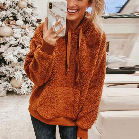 Women's Warm Long Sleeve Solid Pocket Sweatshirts Plain Hooded Drawstring Hoodies