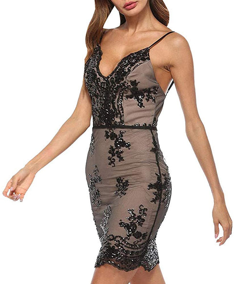 Women’s Sexy Backless Sparkling Dress Sequins Floral Deep V Neck Clubwear Party Bodycon Mini Short Dress