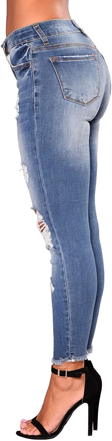 elselect Women's Fashion Ripped Jeans Mid Waist Skinny Jeans Stretch Destroyed Jeans for Women with Pockets