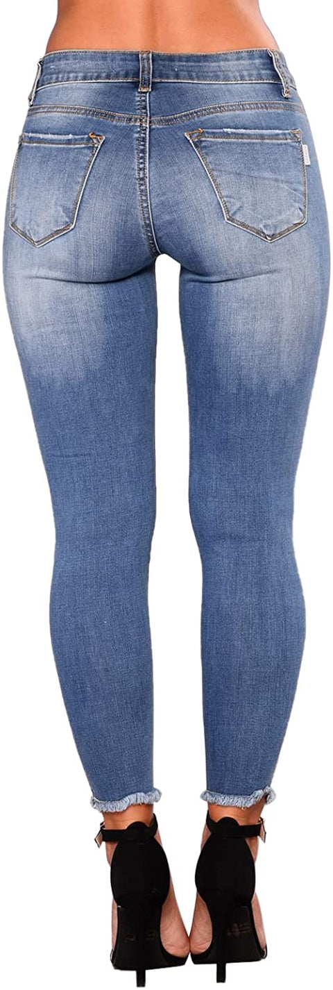 elselect Women's Fashion Ripped Jeans Mid Waist Skinny Jeans Stretch Destroyed Jeans for Women with Pockets