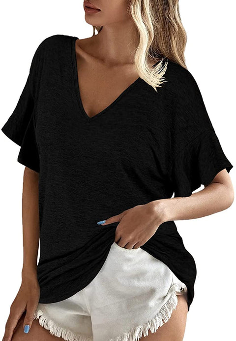 Womens Sexy V Neck Tops Fashion Ruffle Sleeve Casual T Shirts Short Sleeve Loose Basic Tee
