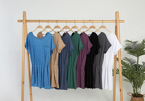 Dyexces Womens Jumpsuits Summer Loose Crew Neck Short Sleeve Elastic Waist Romper Playsuits with Pockets
