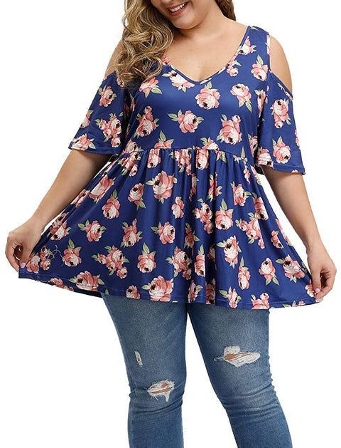Women's Plus Size Sexy V Neck Open Back Tops Floral Print Cold Shoulder Pleated Flowy T Shirts