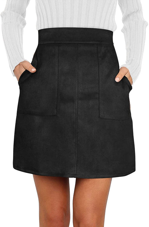 Skirts for Women High Waisted Mini Skirt Faux Suede A Line Skirt with Slant Pocket