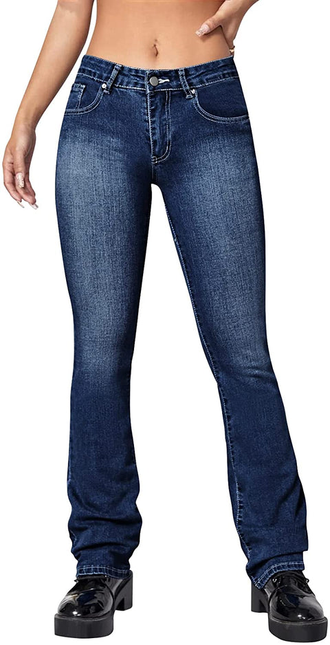 Women's Casual Slim Fit Flared Jeans Mid Waisted Sexy Stretchy Comfortable Denim Pants Trousers with Pockets