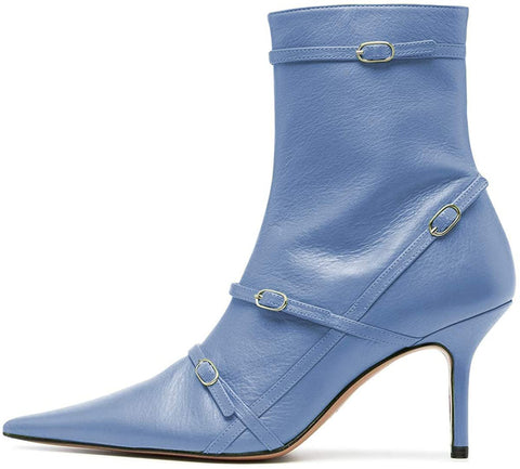 FSJ Women Pointed Toe Ankle Boots with Cross Buckle Straps Decoration Fashion Elegant Mid Low Heel Booties Ankle Wrap Zip Up Evening Party Dress Shoes Size 4-15 US