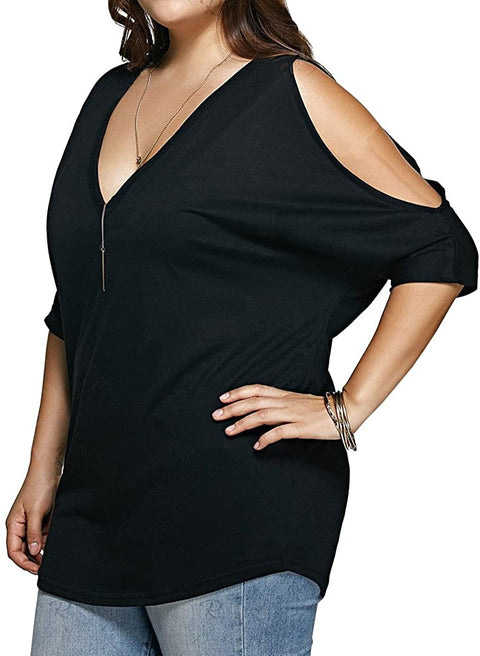 Women Plus Size Tops V Neck Short Sleeve Batwing Top Cold Shoulder T Shirt