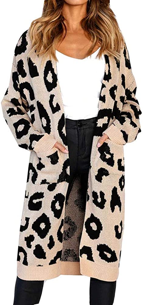 Women's Leopard Knit Open Front Long Sleeve Casual Cardigans