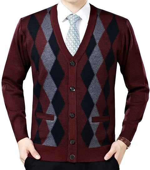 Men's Argyle V-Neck Cardigan Sweaters Casual Button Down Long Sleeve Sweater