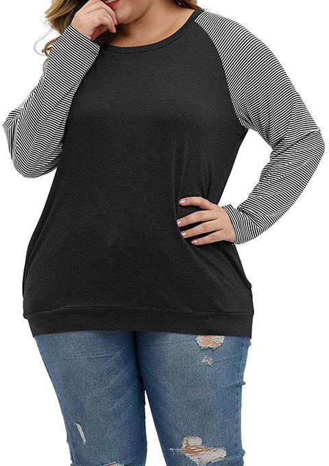 Plus Size Tops Women Casual Long Sleeve T Shirts Stripe Loose Blouses with Pocket