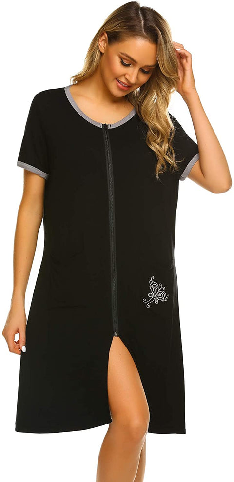 Women Zip-up Bathrobes Short Nightgown