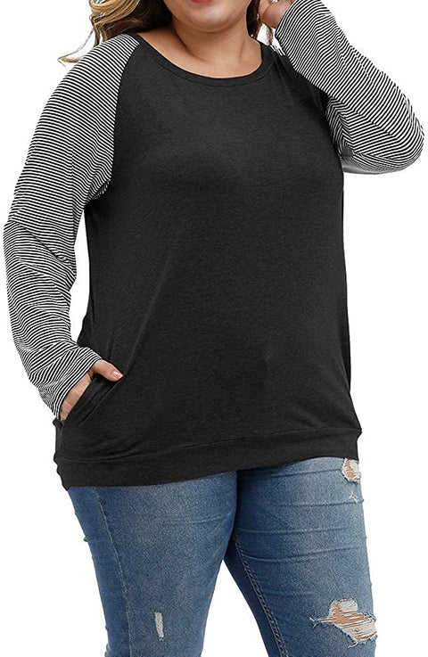 Plus Size Tops Women Casual Long Sleeve T Shirts Stripe Loose Blouses with Pocket