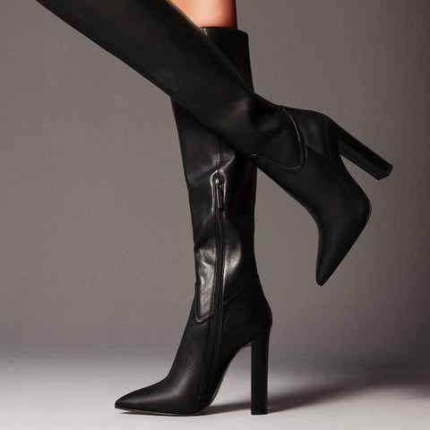 FSJ Women Sexy Knee High Chunky Heel Boots Matte Leather Closed Pointed Toe Side Zipper High Heeled Wide Calf Winter Fashion Dress Booties 4-15 M US