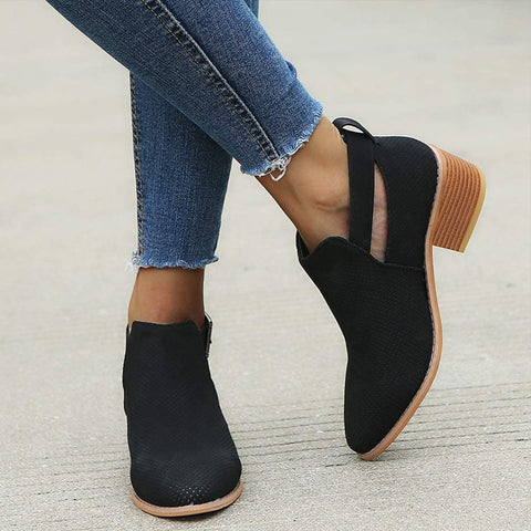 QZHIHE Womens Ankle Boots Cutout Side Strap Block Chunky Heel Work Boots